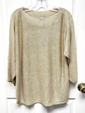 Chico’s Sweater Boat Neck Tunic Gold Tan Size L Loose Knit 3/4 Sleeves